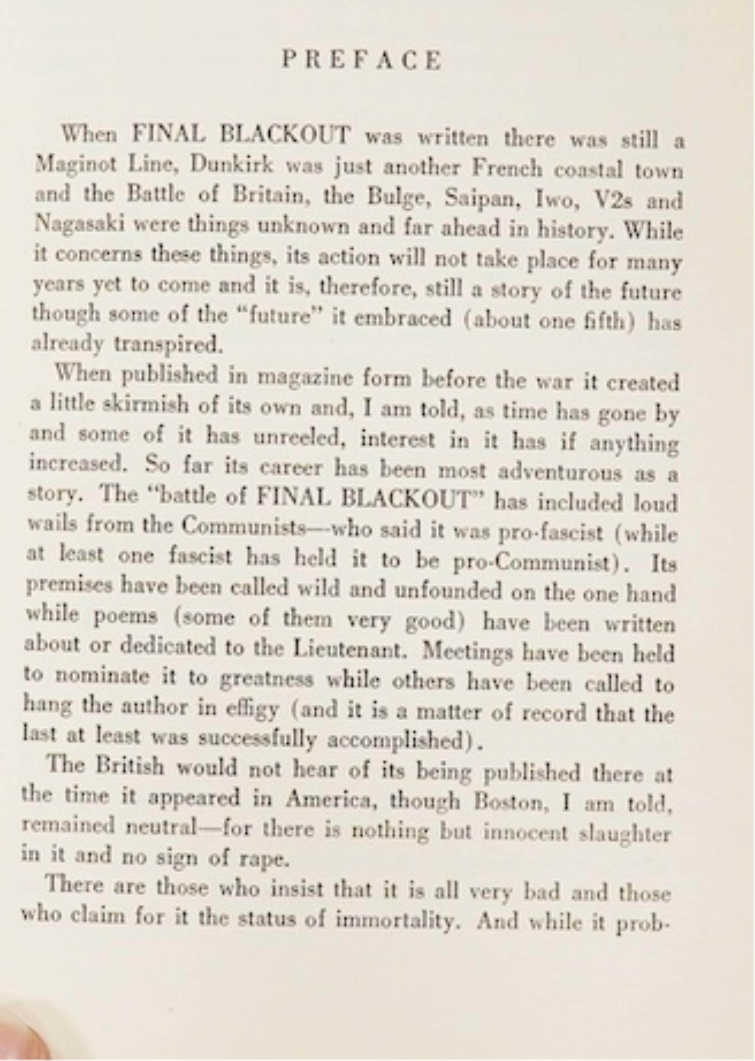 Hubbard, L. Ron - Final Blackout, 1st edition, 8vo, original pebbled black cloth, in unclipped d/j, Hadley Publishing Co., Rhode Island, 1940.